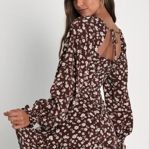 Lulus Dresses & Skirts - Brown Floral Print Long Sleeve Mini Dress